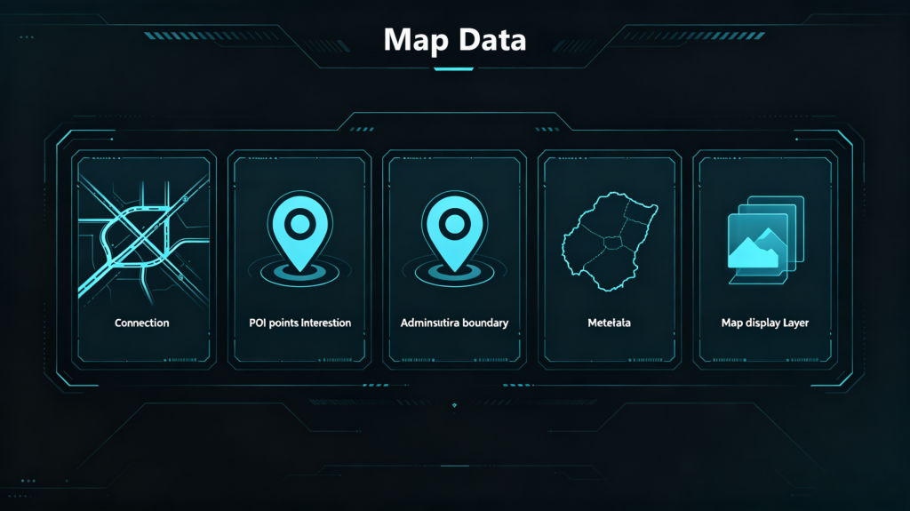 Navigation map data update categories including roads, POIs, administrative data and metadata