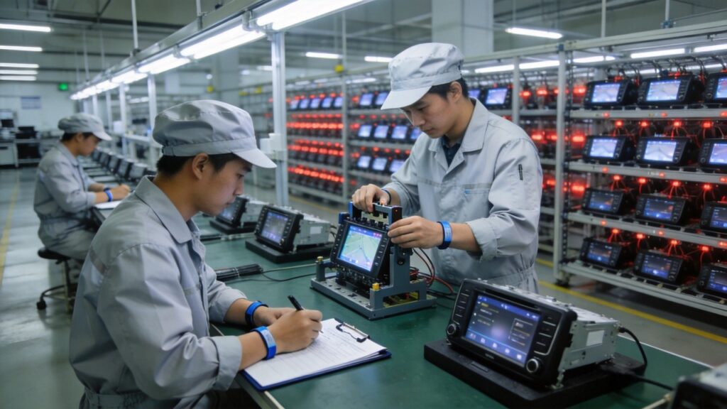 Quality control inspection process for car navigation systems with burn-in test and display function check on factory production line