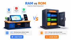 RAM vs ROM comparison for Android car stereos — RAM is working memory for running apps, ROM is storage for maps and data