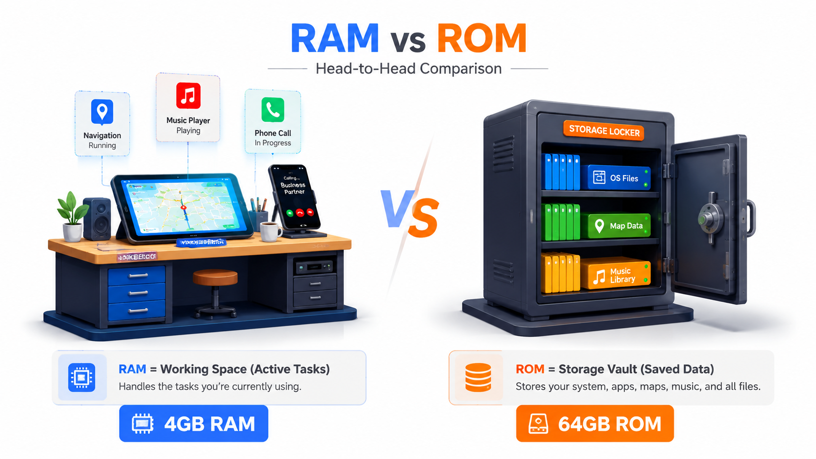 RAM vs ROM comparison for Android car stereos — RAM is working memory for running apps, ROM is storage for maps and data