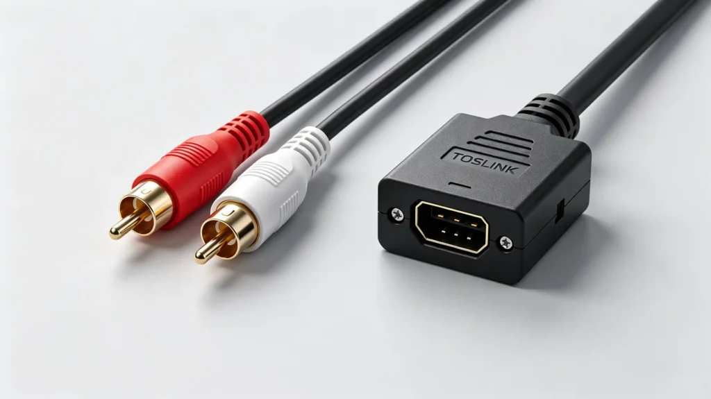 RCA analog output versus optical TOSLINK digital output comparison for car stereo DSP systems showing connection types and signal quality differences