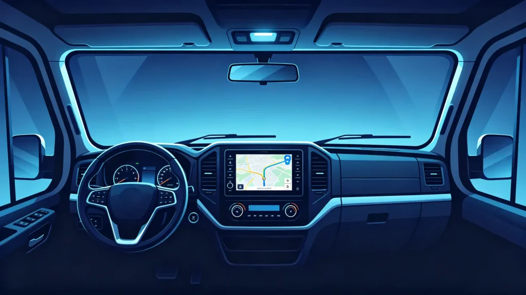 RV GPS navigation on head unit showing route planning for motorhome