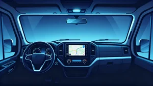 RV GPS navigation on head unit showing route planning for motorhome