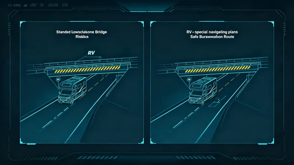 RV low clearance bridge warning on standard GPS vs RV-specific route planning