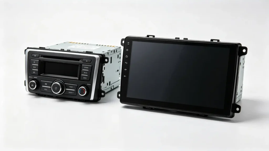 Side-by-side comparison of OEM head unit and aftermarket Android car stereo