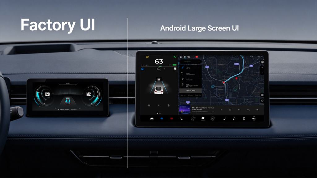 Side-by-side comparison of a factory OEM car stereo and an aftermarket Android head unit, highlighting the differences in screen size, interface, and features.