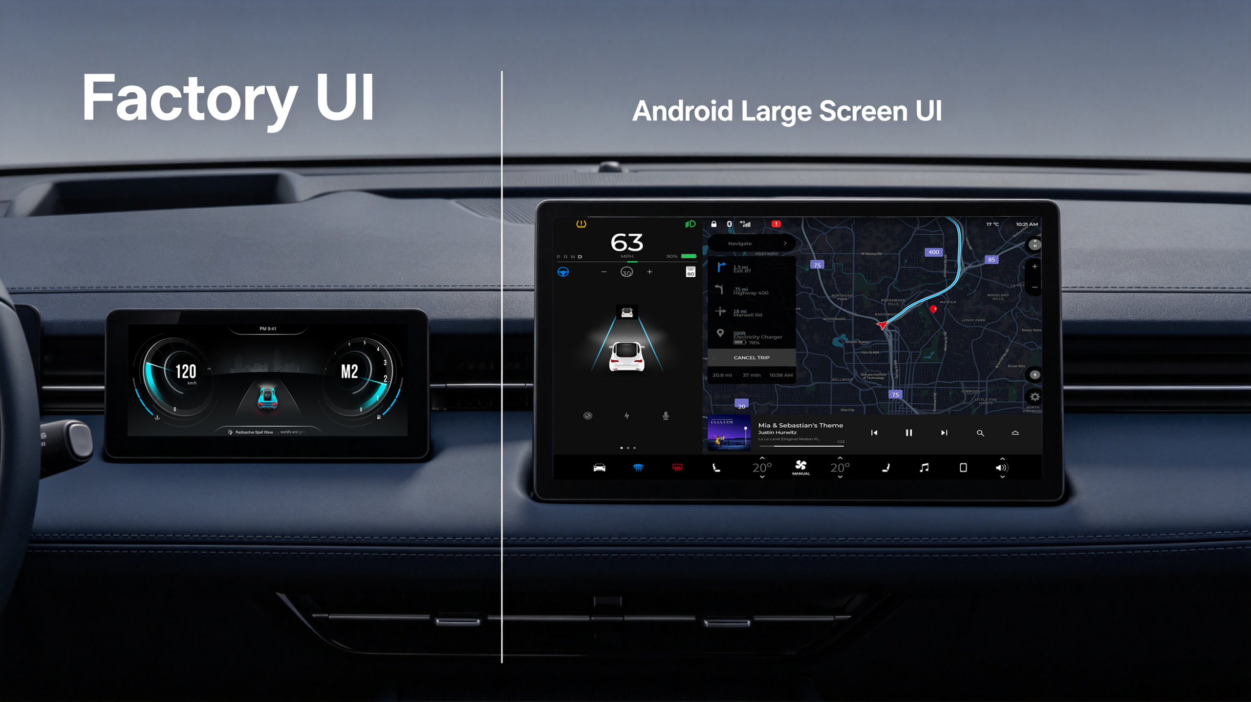 Side-by-side comparison of a factory OEM car stereo and an aftermarket Android head unit, highlighting the differences in screen size, interface, and features.
