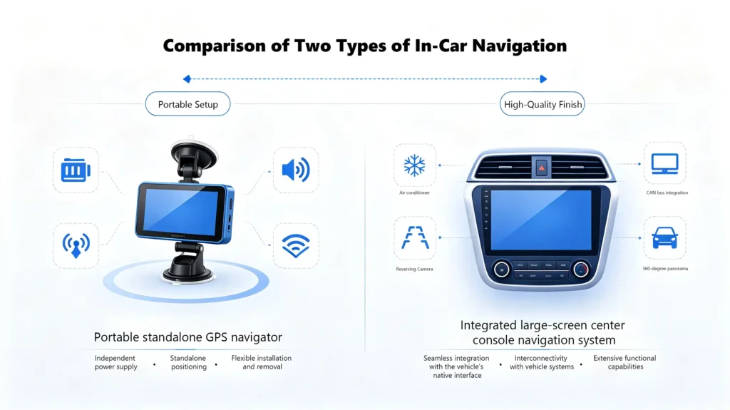 Side-by-side comparison of a standalone portable GPS device with suction mount versus an integrated in-dash car navigation head unit with large display