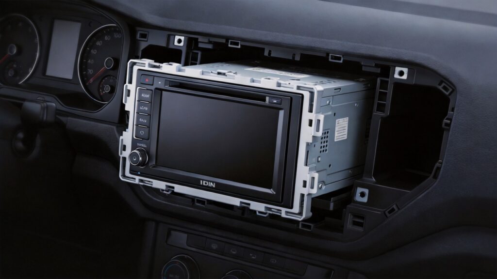 Single DIN to Double DIN adapter kit installation — trim bezel, mounting brackets, and storage pocket fill the extra dashboard space