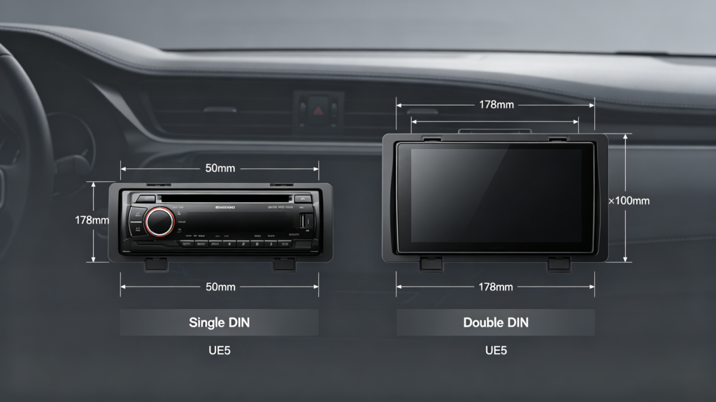 Single DIN versus Double DIN car stereo height comparison — 50mm height versus 100mm height, both sharing 178mm width