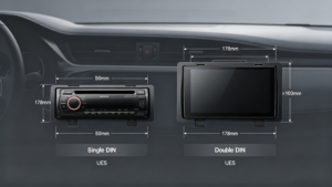 Single DIN versus Double DIN car stereo height comparison — 50mm height versus 100mm height, both sharing 178mm width