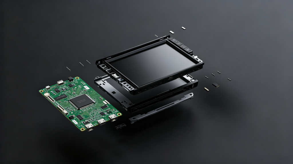 Six core car stereo components breakdown including SoC, RAM, display, audio, communication and power supply