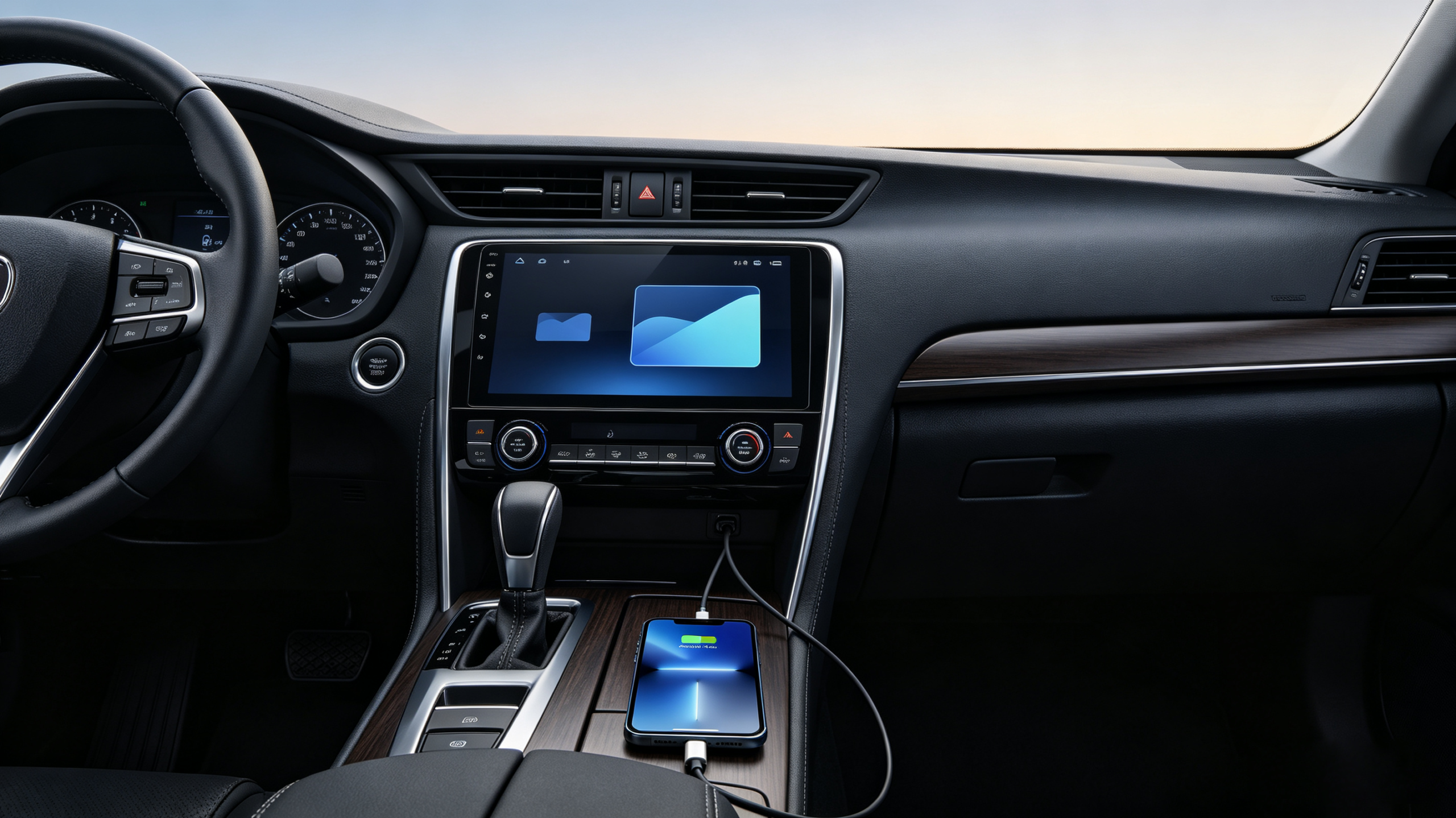Smartphone-connected-to-car-head-unit-via-USB-cable-with-phone-mirroring-on-display-scaled