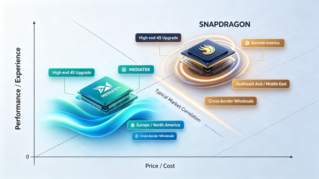 Snapdragon and MediaTek processor market positioning chart — Snapdragon targets premium markets with higher performance, MediaTek targets cost-sensitive markets with price-to-performance ratio