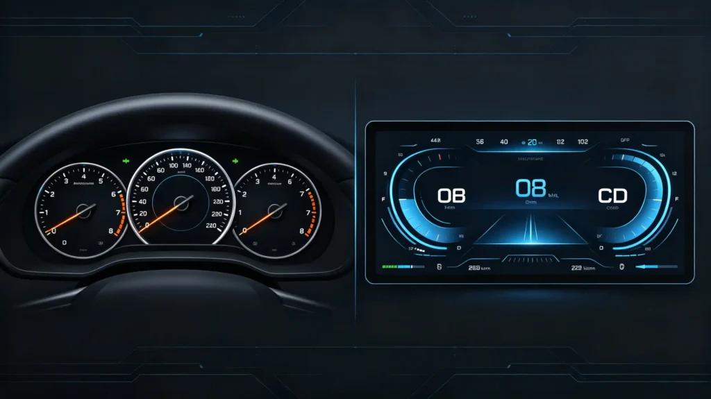 Traditional analog instrument panel vs digital gauge cluster side-by-side comparison