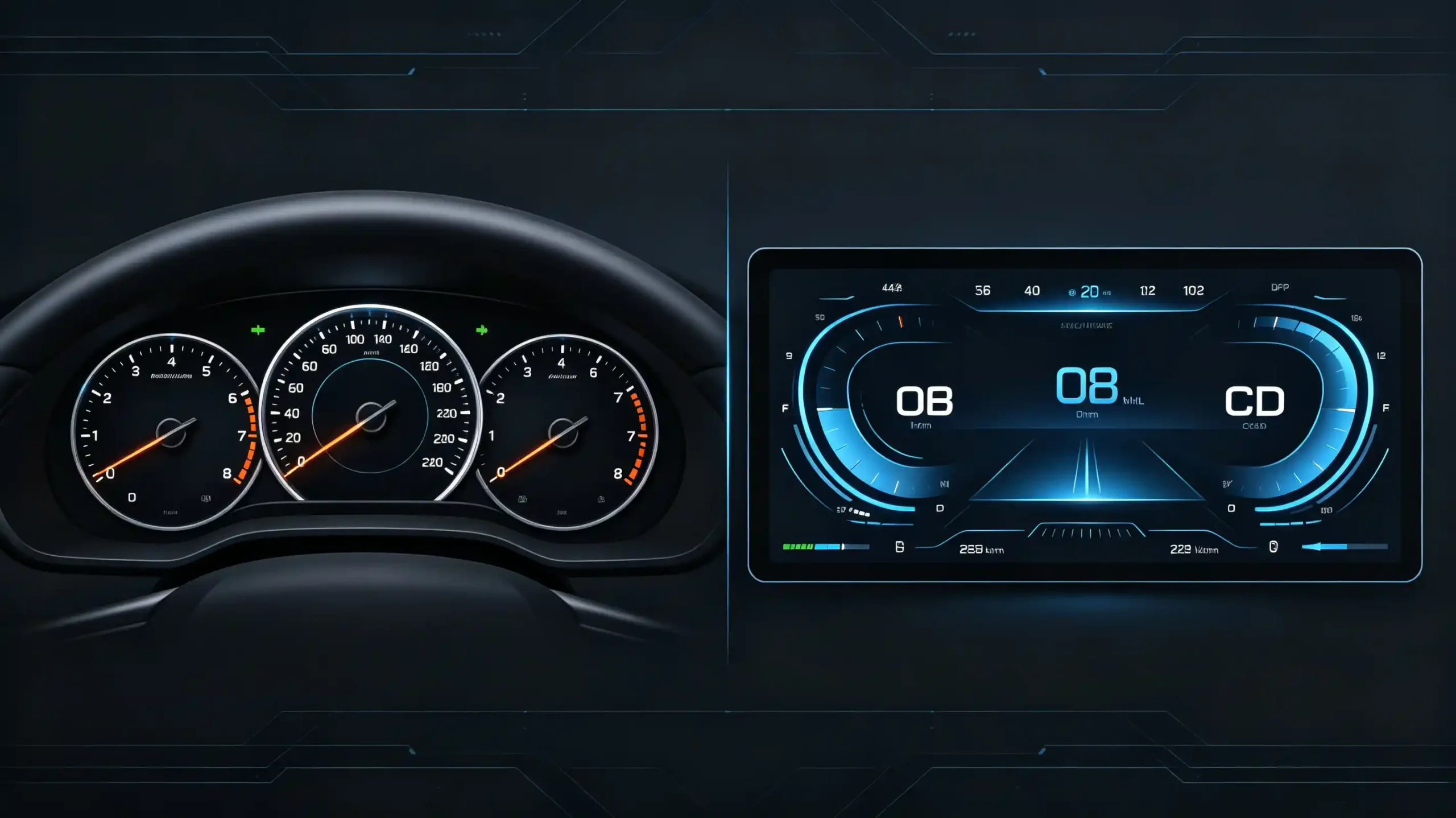 Traditional analog instrument panel vs digital gauge cluster side-by-side comparison