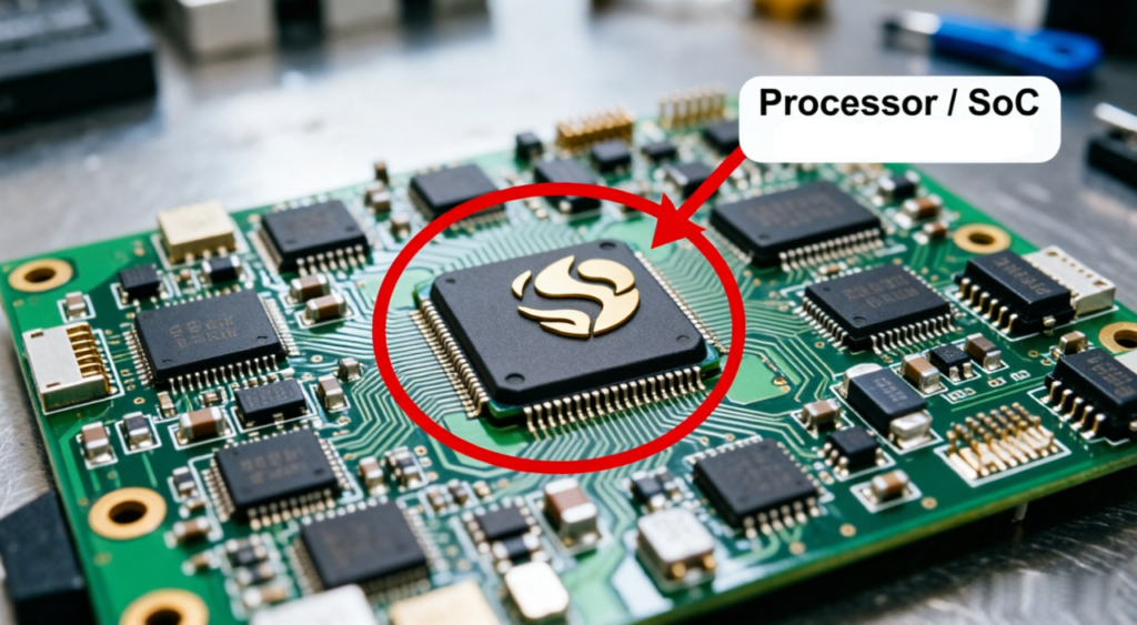 Android car stereo mainboard showing the SoC processor chip location — the system-on-chip handles all computing tasks