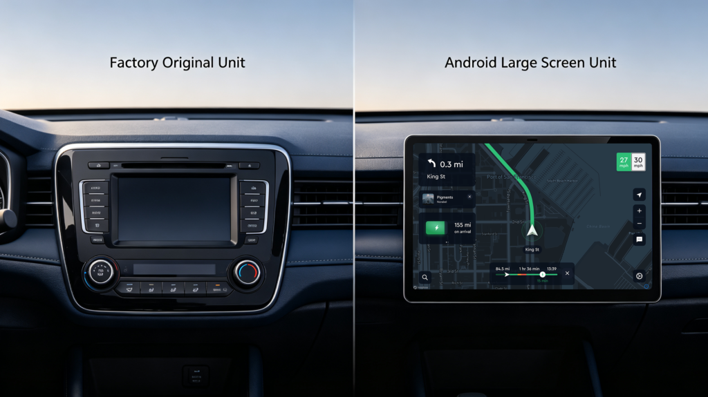 Factory OEM car stereo versus aftermarket Android head unit side-by-side comparison