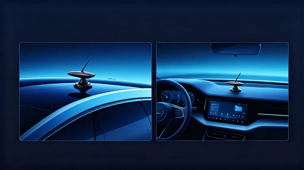 Car GPS antenna mounted on vehicle roof or dashboard