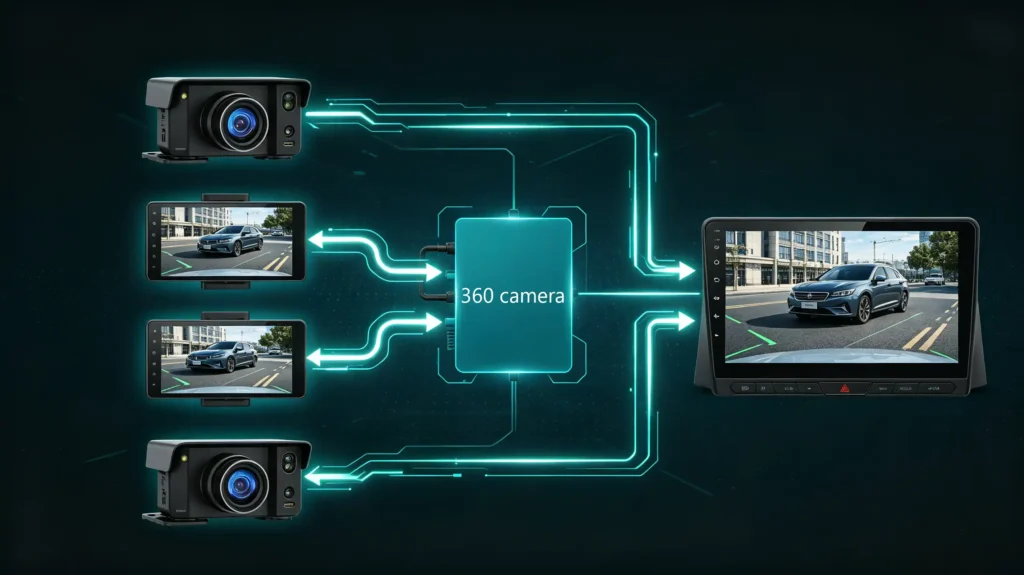 Four‑camera video signal flow to head unit display