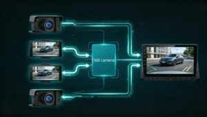 Four‑camera video signal flow to head unit display