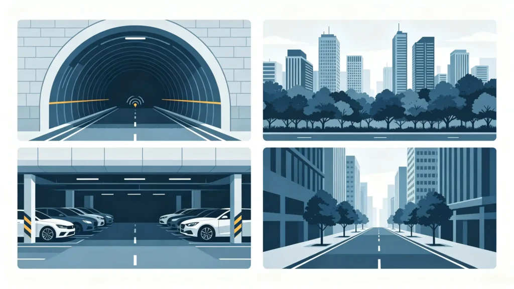 GPS signal loss scenarios including tunnels, garages and urban canyons