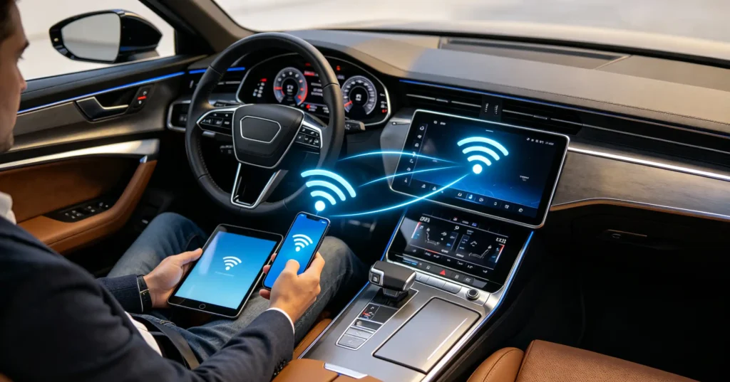 In-car Wi-Fi hotspot connecting passenger devices to head unit