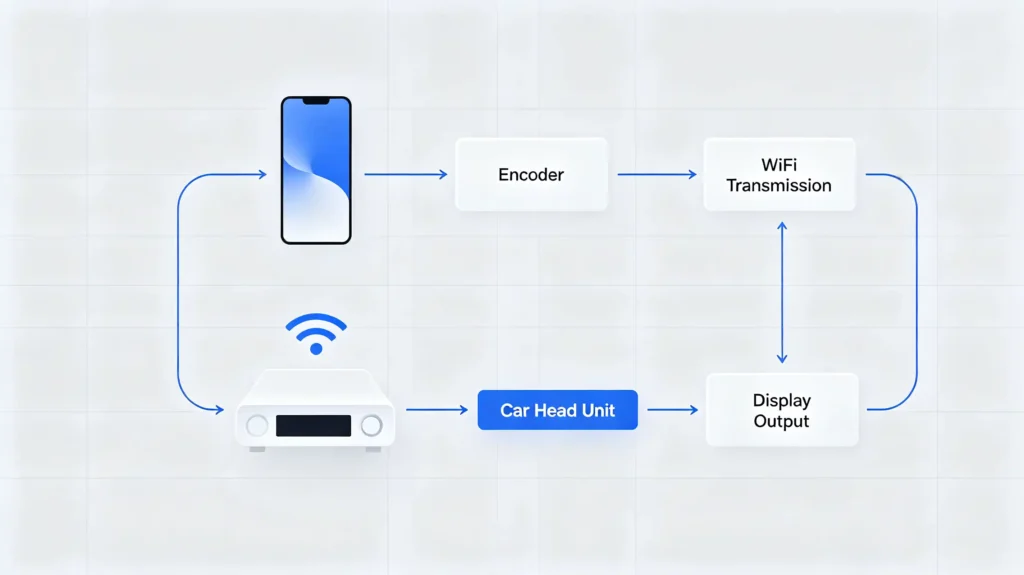 Wireless screen mirroring workflow from phone capture to head unit display